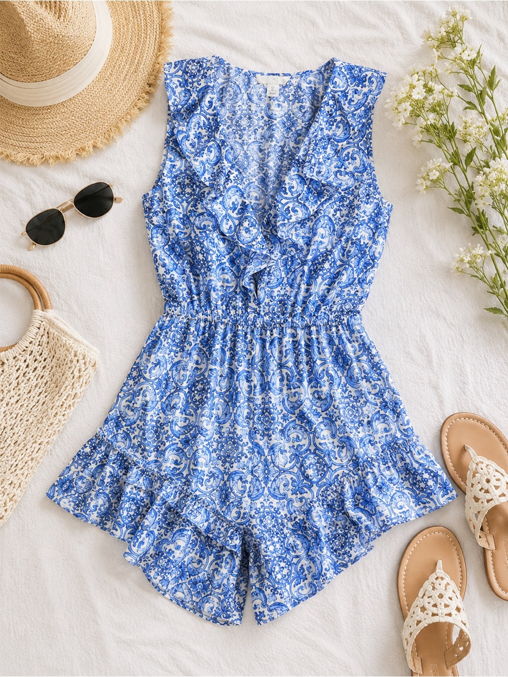H&M Blue & White Ruffle Romper | Size Large | New Without Tags - Picture 2 of 7